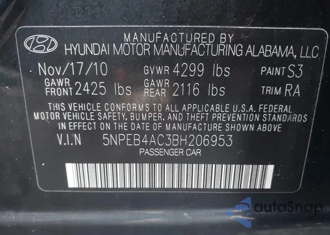 2011 Hyundai Sonata Gls из США, поврежденный, VIN 5NPEB4AC3BH206953